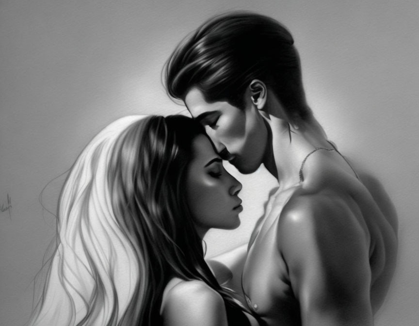 Monochrome illustration of romantic embrace with detailed shading