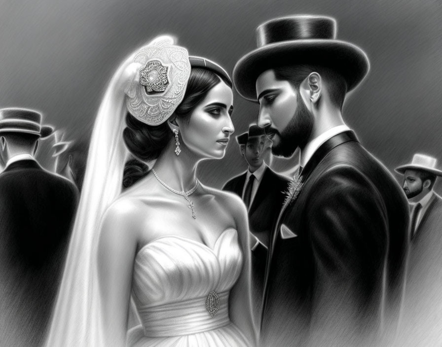 Monochrome illustration of bride and groom exchanging loving gaze