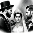 Monochrome bridal party illustration with woman in gown and tiara.