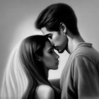 Monochrome illustration of romantic embrace with detailed shading