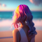 Stylized female character with pink hair in futuristic clothing at sunset