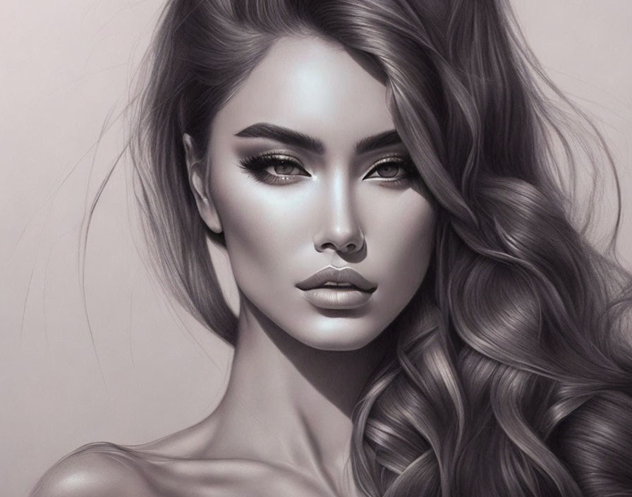 Monochromatic digital artwork of a woman with flowing wavy hair and intense gaze