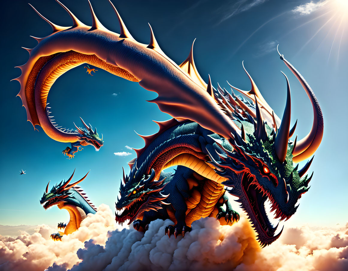 Majestic multi-headed dragon in vibrant sunset sky