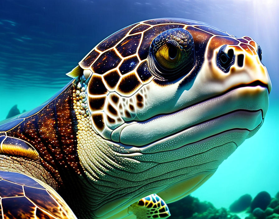 Sea turtle close-up in vibrant blue underwater scene