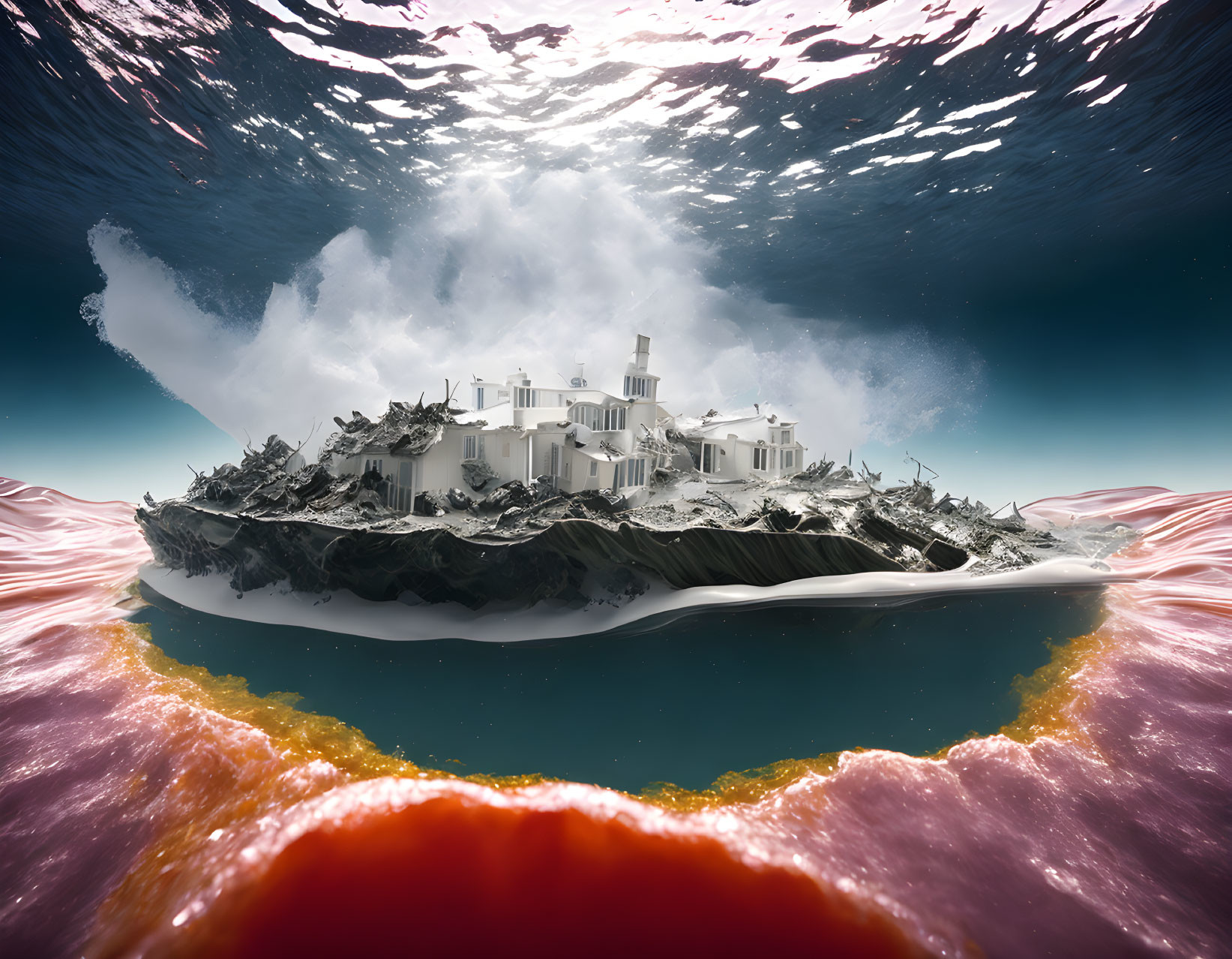 Surreal upside-down island with white buildings under mirrored sky