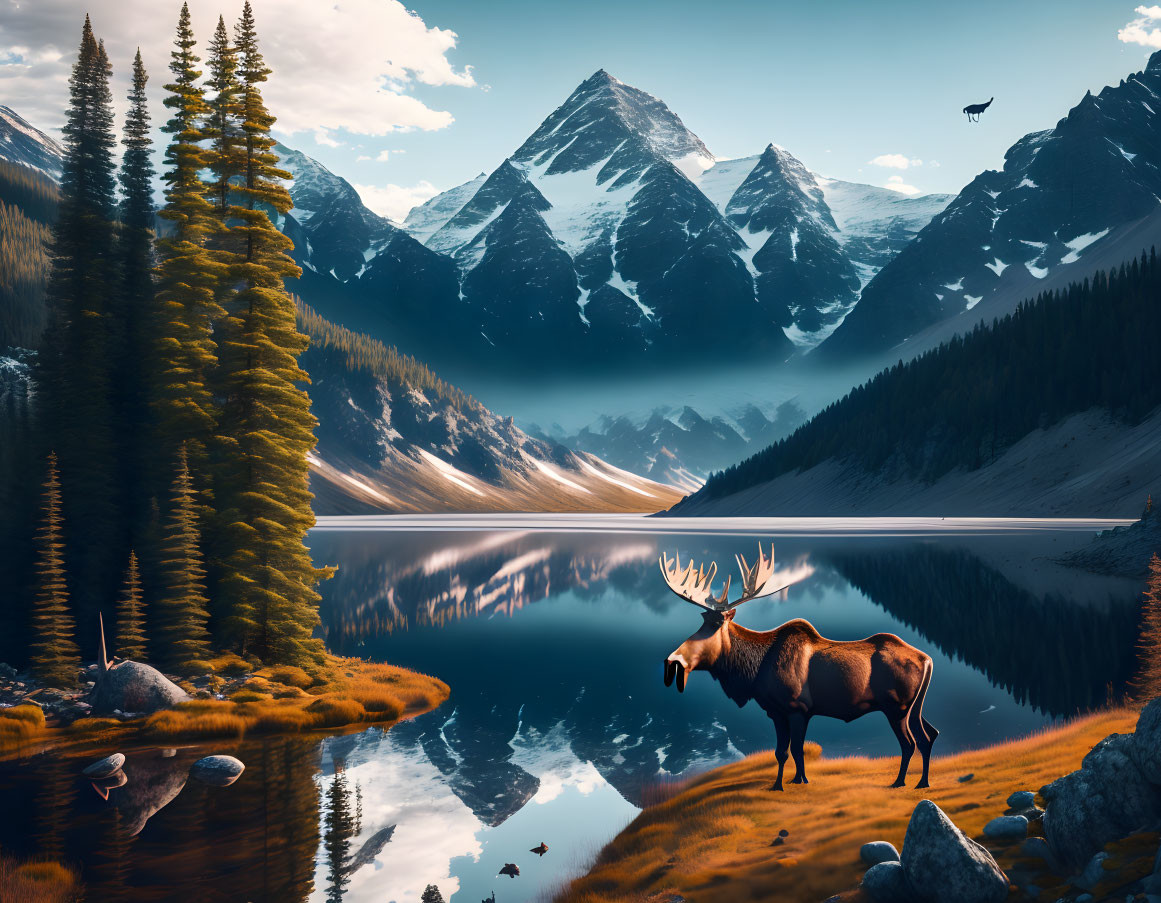 Majestic moose by tranquil mountain lake with reflection, surrounded by pine trees, clear sky,