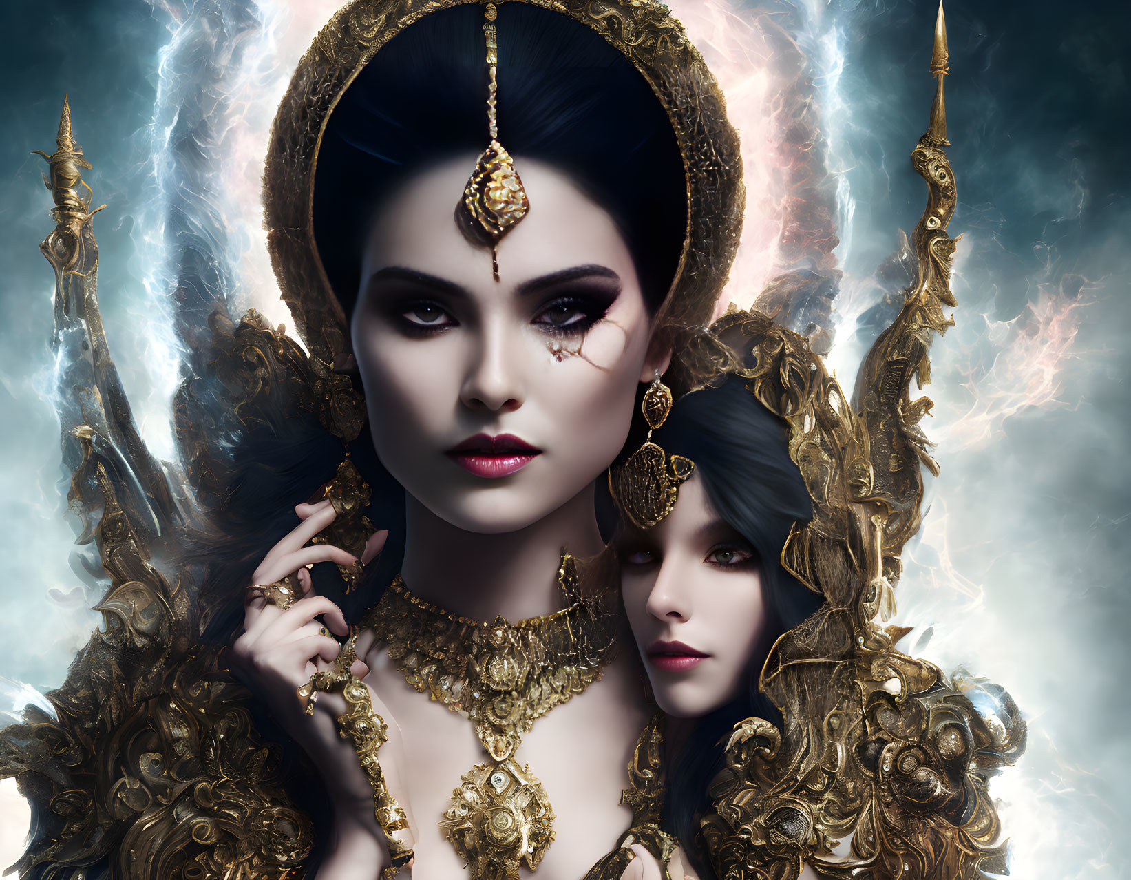 Two women adorned in intricate gold jewelry and headdresses under a dramatic cloud backdrop, emanating regal