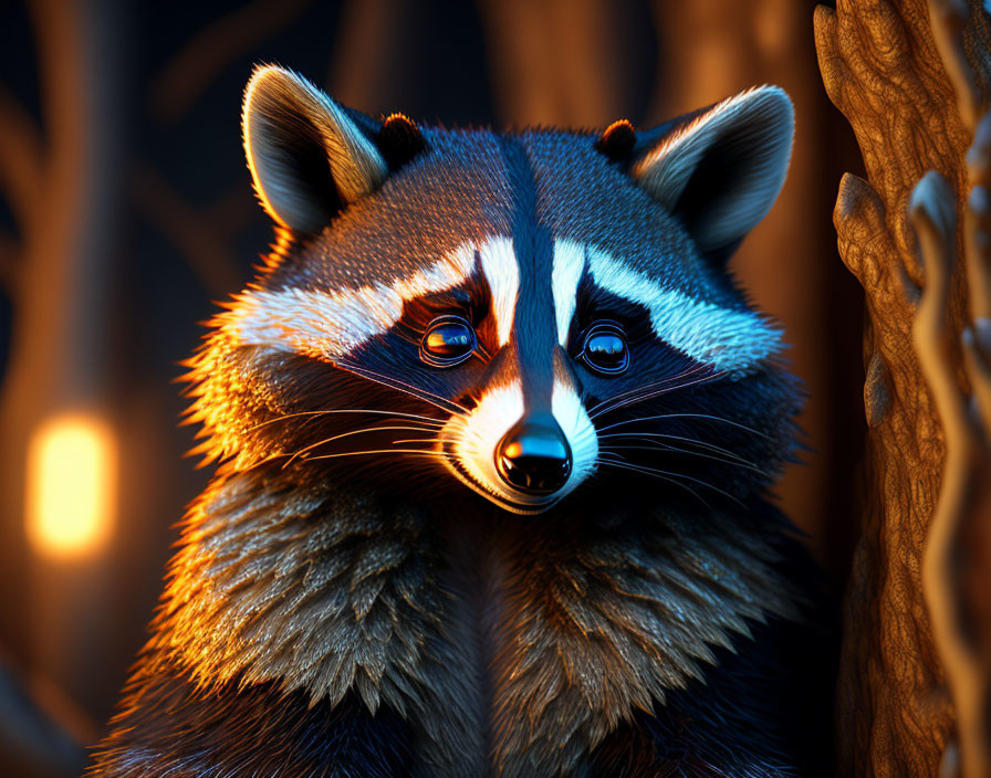 Detailed Close-up of Curious Raccoon's Face in Warm Backlight