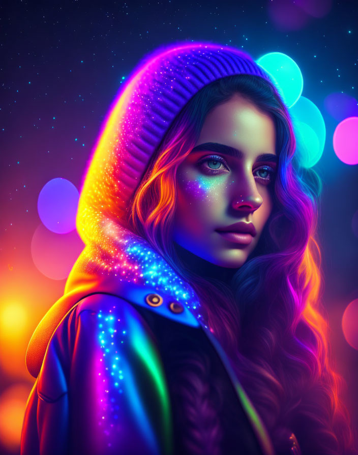 Vibrant digital portrait of a woman with glowing skin and colorful lighting in starry jacket