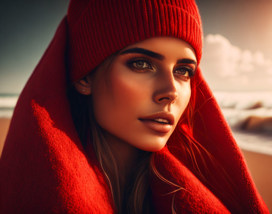 Woman with captivating eyes in red beanie and blanket on beach under sunlight