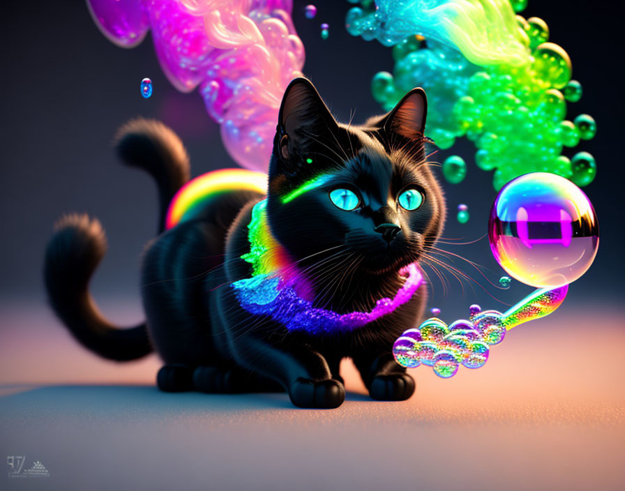 Black Cat with Glowing Blue Eyes in Colorful Iridescent Bubble Scene