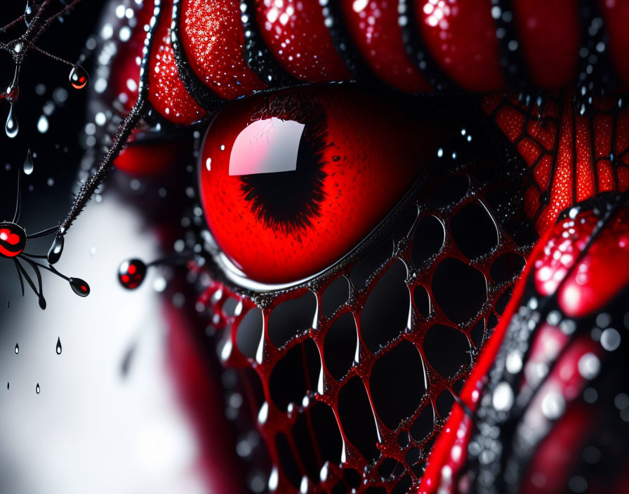 Vibrant red eye with sharp reflection in black web structure