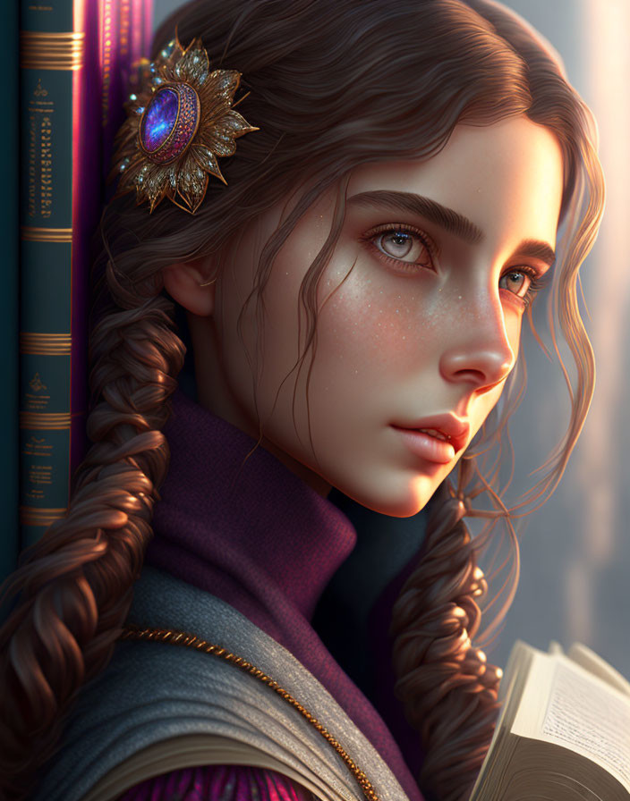 Woman with braided hair and freckles holding a book in digital art