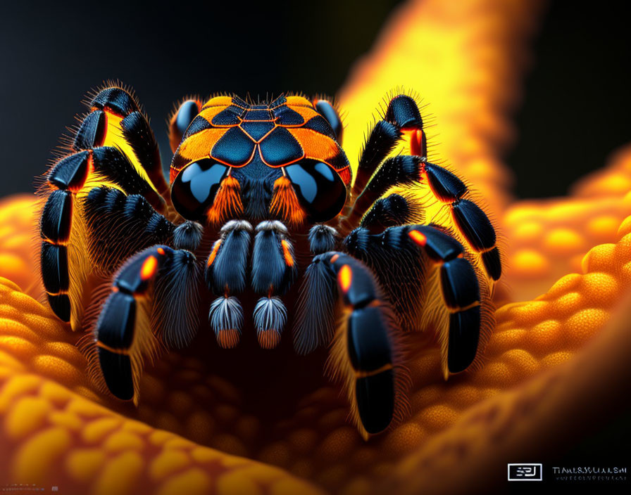 Colorful jumping spider with intricate patterns on vibrant orange surface