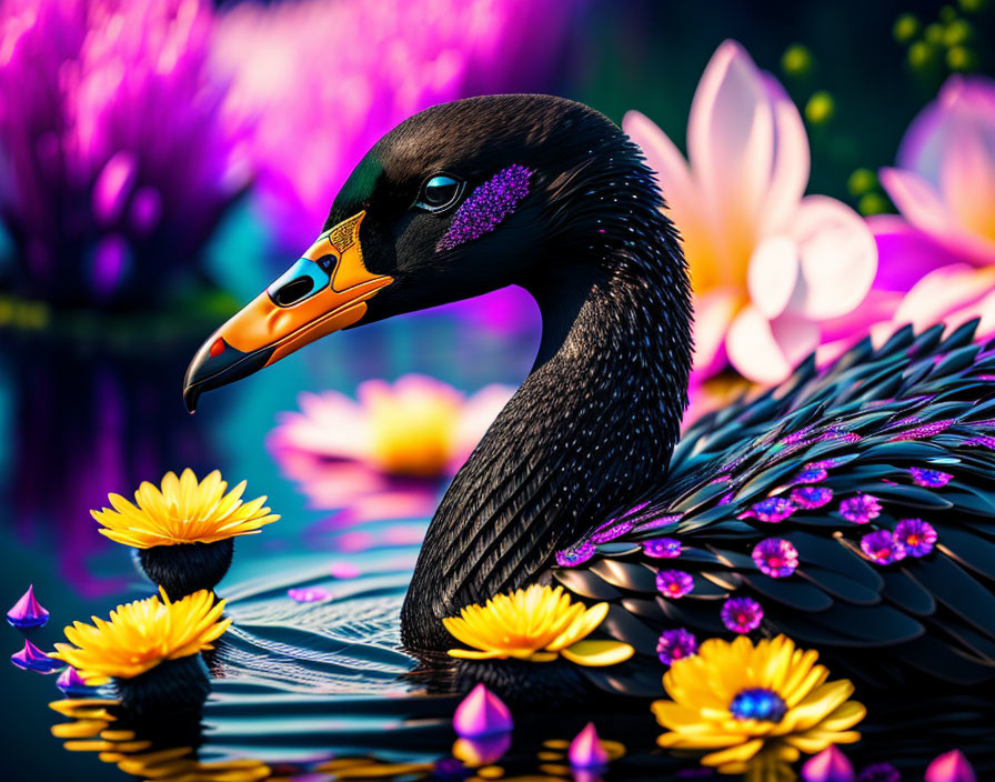 Colorful Black Swan Art Surrounded by Flowers