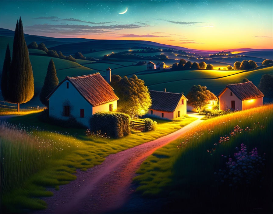 Illuminated Cottages in Twilight Landscape with Moon