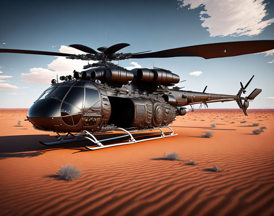 Black military helicopter landing in red desert under blue skies