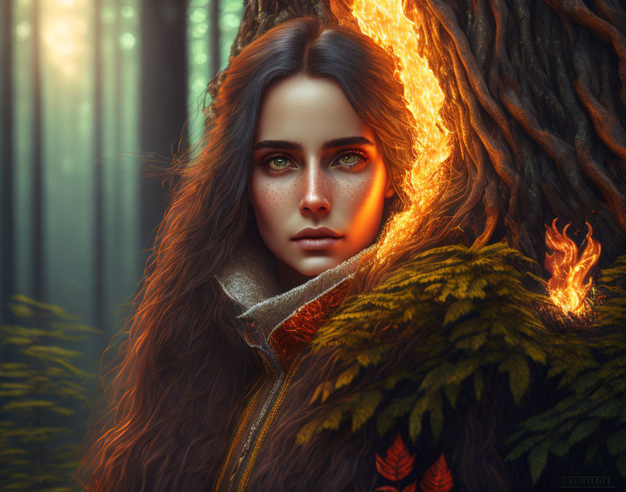 Striking green-eyed woman with flowing hair beside fiery autumn tree landscape