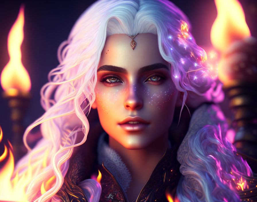 Fantasy portrait of woman with star-like freckles, white hair, and burning flames.