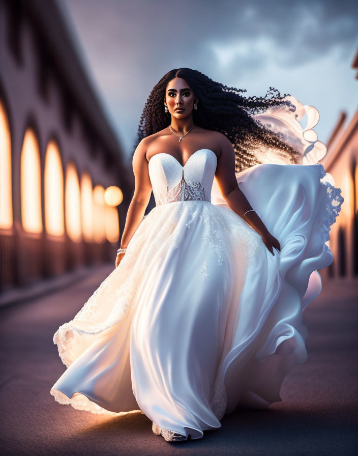 Elegant woman in white wedding gown with flowing hair at sunset-lit cloister.