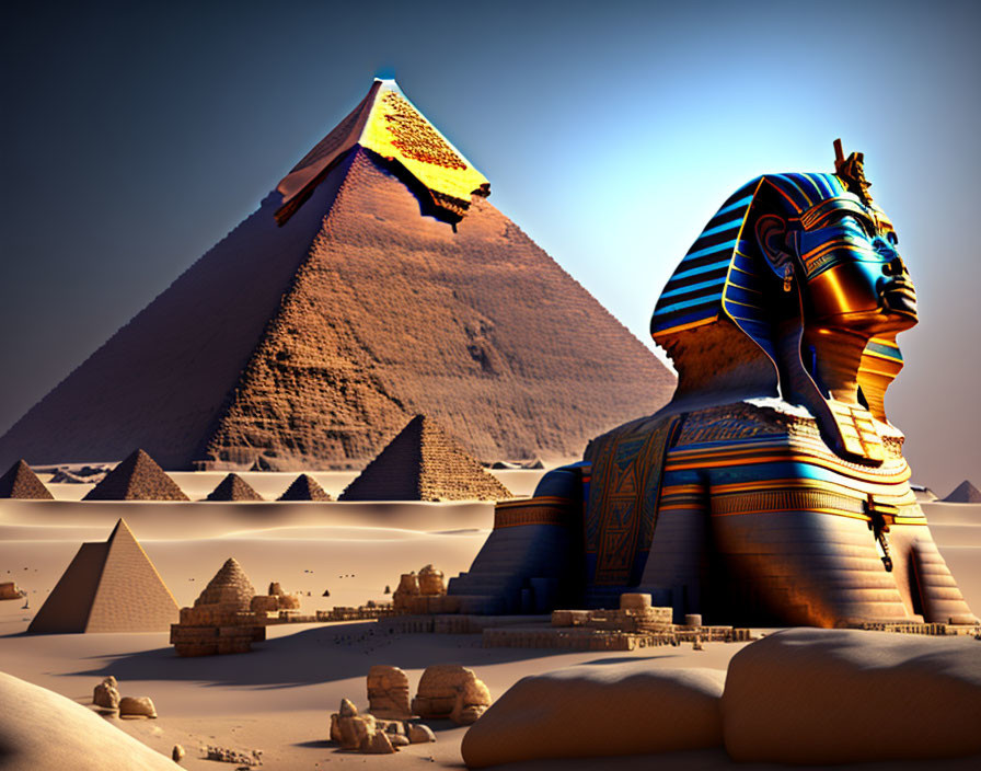 Colorful artistic depiction of Giza pyramids and sphinx in desert landscape