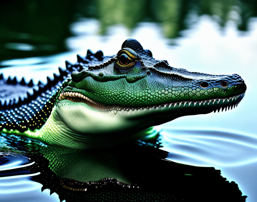 Close-up of vibrant green crocodile partially submerged in water