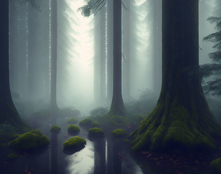 Tranquil Misty Forest Scene with Towering Trees and Water Stream