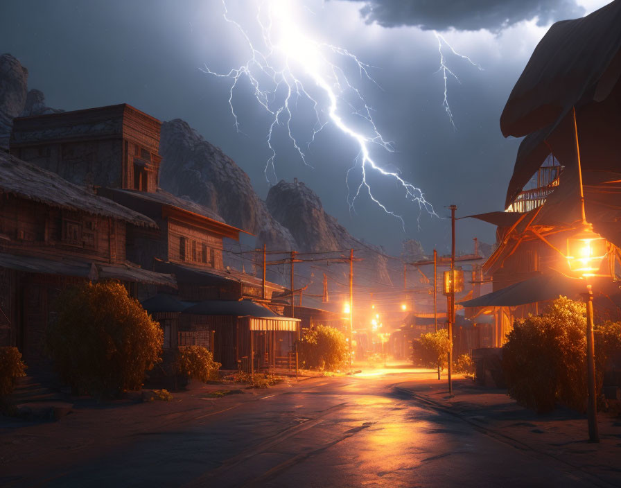 Deserted Street at Night with Traditional Houses and Lightning Bolts