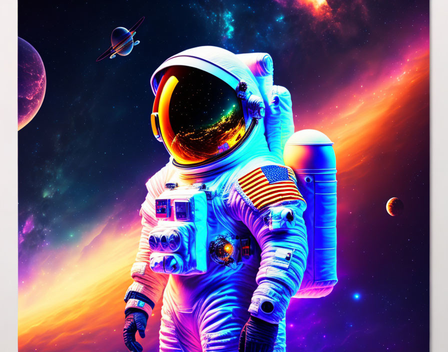 Astronaut in reflective visor suit against cosmic background