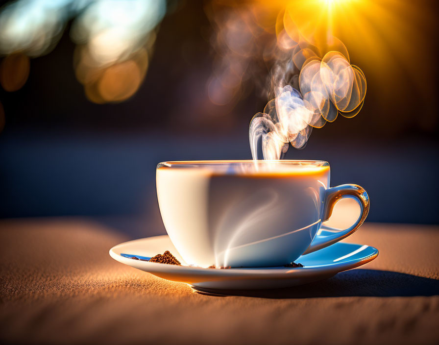 Hot Coffee Cup on Saucer with Sunlit Bokeh Background