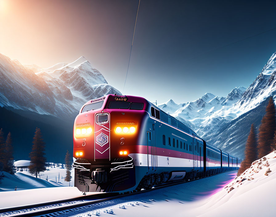 Snowy Mountain Landscape: Train Traveling at Twilight