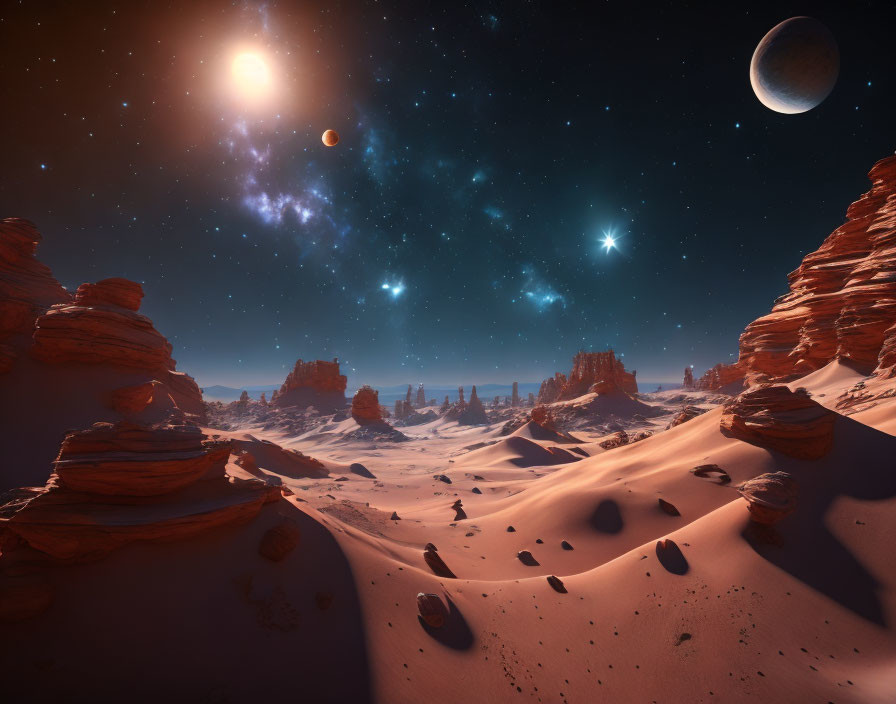 Desert landscape at twilight with rocky formations, sand dunes, and celestial bodies.