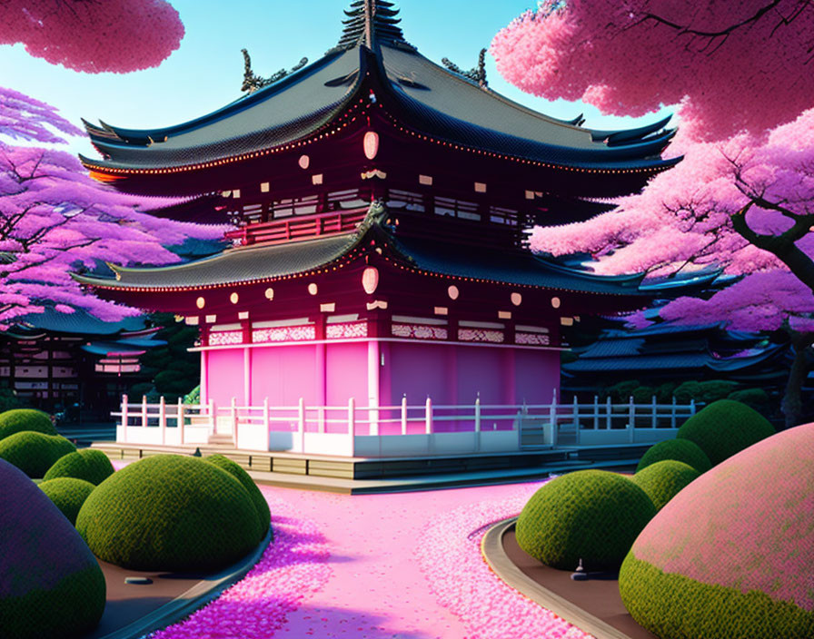 Japanese Temple with Pink Cherry Blossoms at Dusk