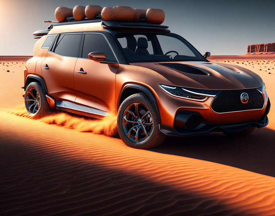 Orange SUV with Roof Rack Parked on Sand Dunes under Clear Sky