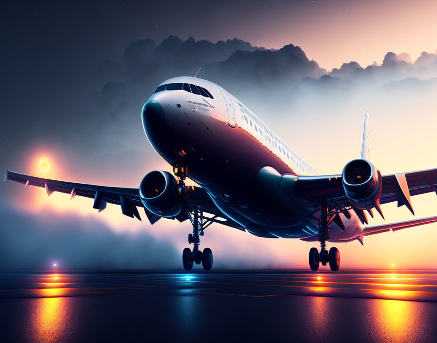 Commercial Airplane Takes Off at Dusk with Vibrant Sunset Reflections