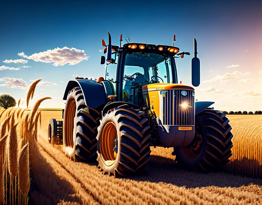 Blue tractor in golden wheat field at sunset