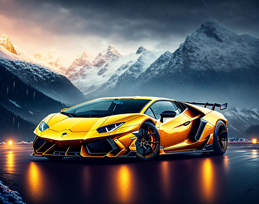 Yellow Sports Car Parked on Snowy Mountain Road at Dusk