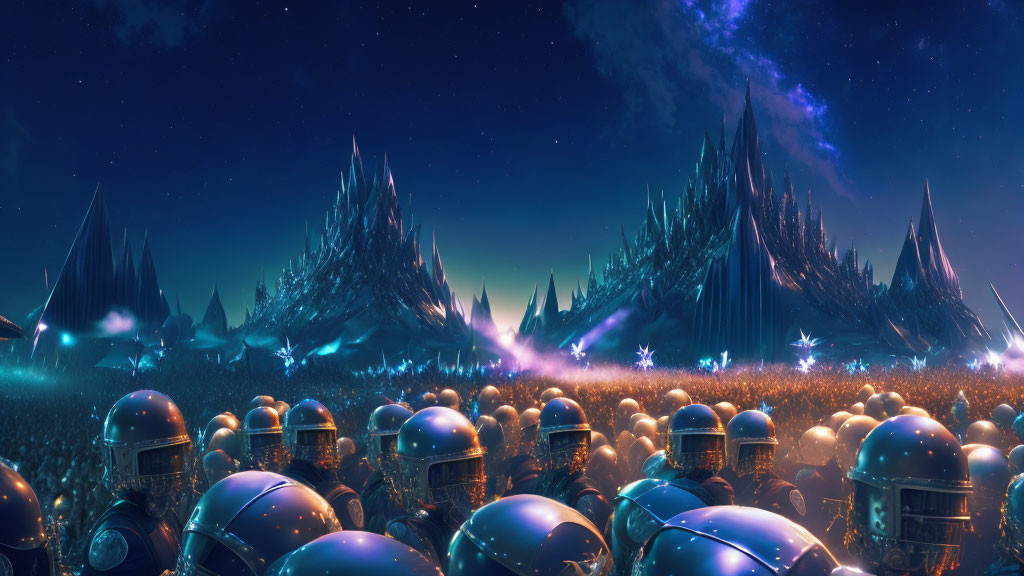 Soldiers in futuristic helmets with glowing crystal formations under starry sky