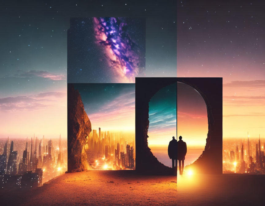 Couple standing before surreal portal in futuristic cityscape at sunrise