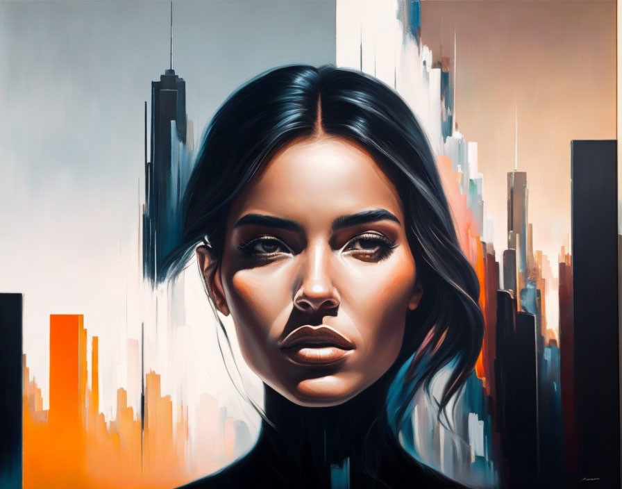 Realistic painting of woman's face against abstract cityscape background