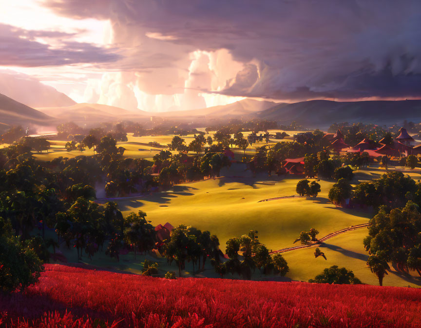 Tranquil sunset landscape with red fields, golden hills, trees, and distant village under cloudy sky