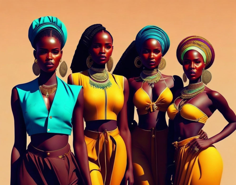 Four Women in Stylish African Attire and Headwraps on Warm Background