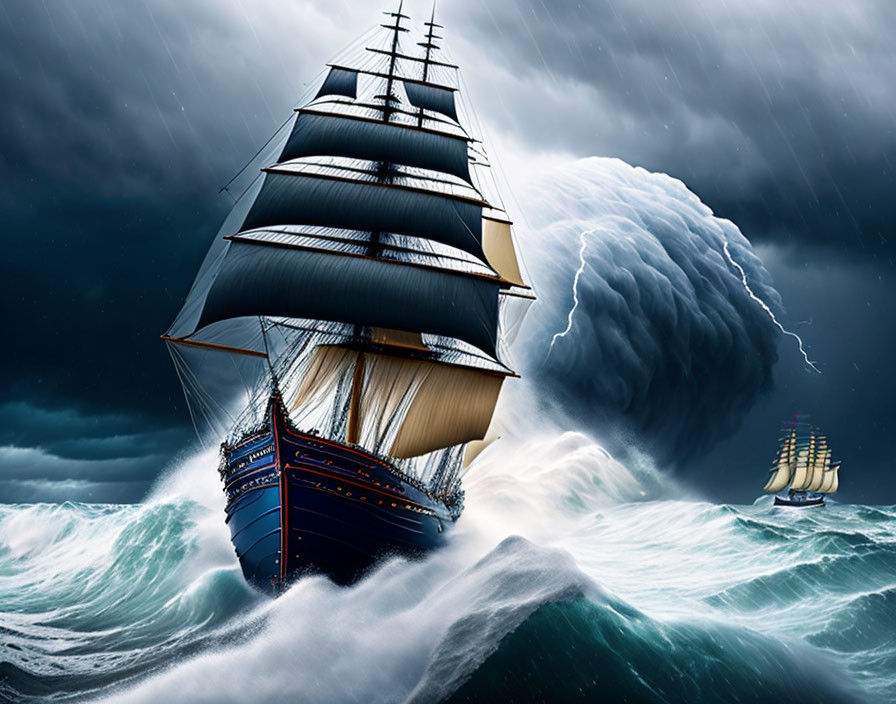 Sailing ship with billowing sails on stormy seas
