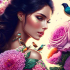Woman with Long Hair Among Pink Flowers and Bluebird in Dreamy Setting