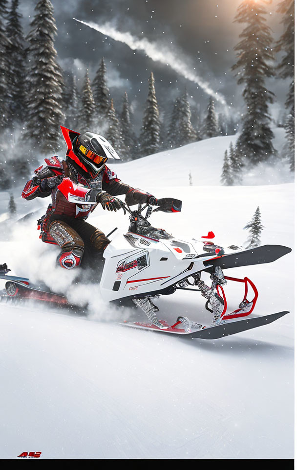 Snowmobiler in Red and Black Gear Riding White Snowmobile on Forested Mountainside