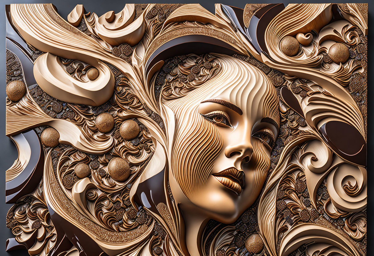 Digital Artwork: Woman's Face with Brown and Gold Wavy Hair