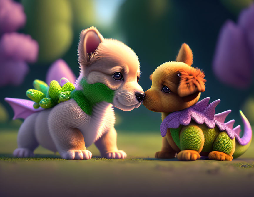 Colorful Whimsical Image: Cute Animated Puppies with Dragon Wings