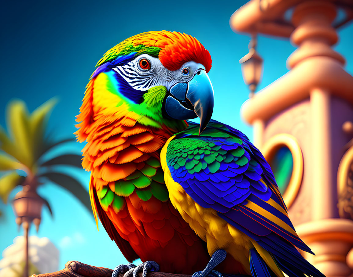 Colorful Orange, Blue, and Green Parrots Perched in Tropical Setting