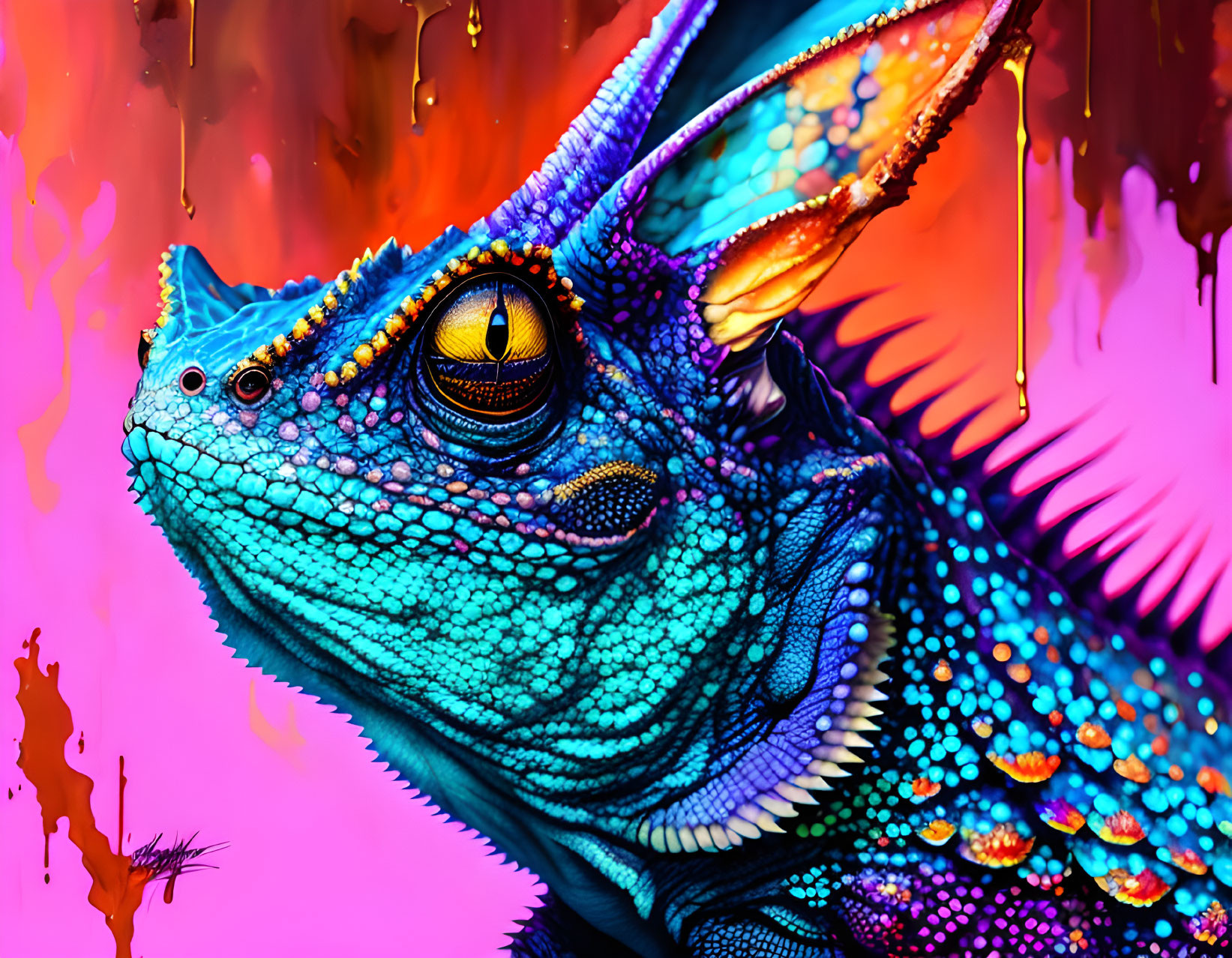 Colorful digital artwork: Chameleon with blue and purple scales, yellow eye, red-orange background