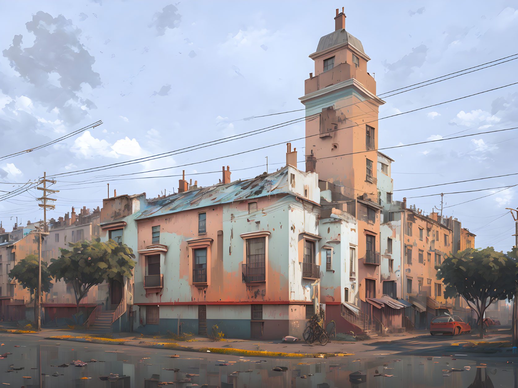 Weathered pastel building with tall tower on deserted street corner under cloudy sky